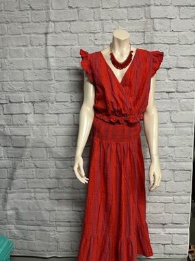 Red V-Neck Ruffled top with Maxie skirt